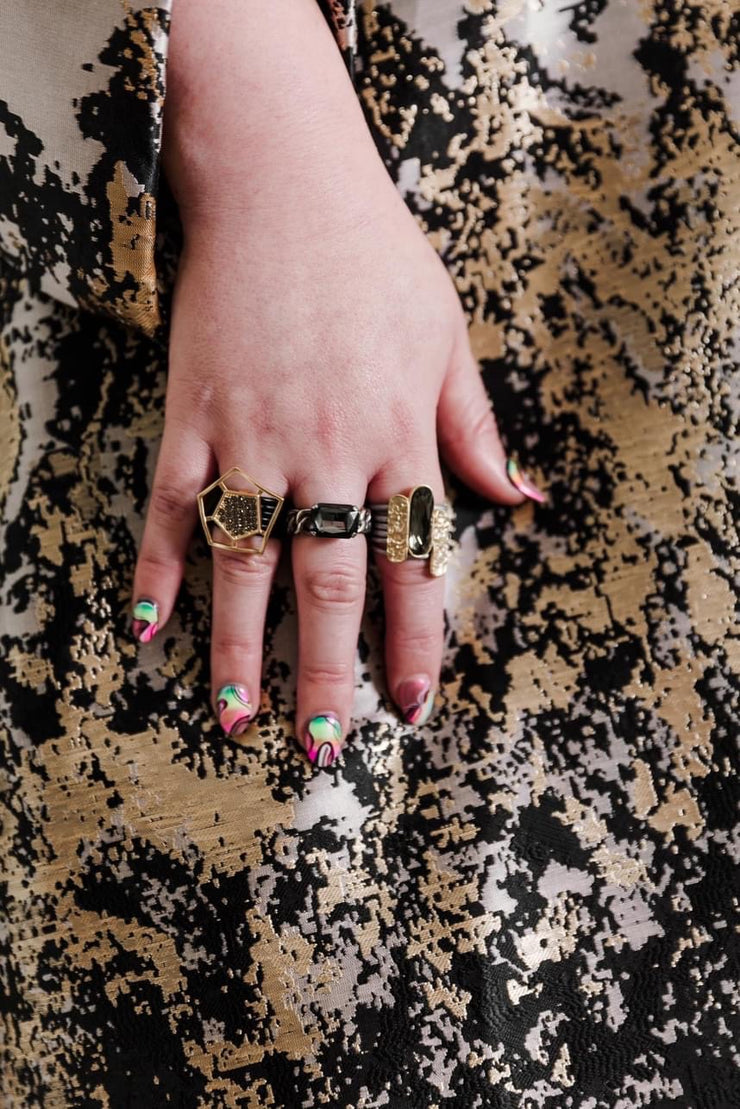 Escape From Paris: Silver Strands Textured Gold Black Diamond Ovals Ring