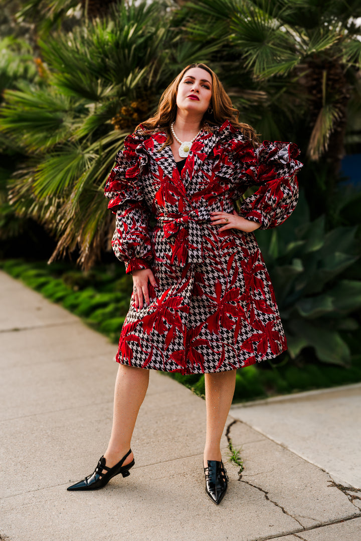 Ruffle Trench Coat in “Piqué Houndstooth"