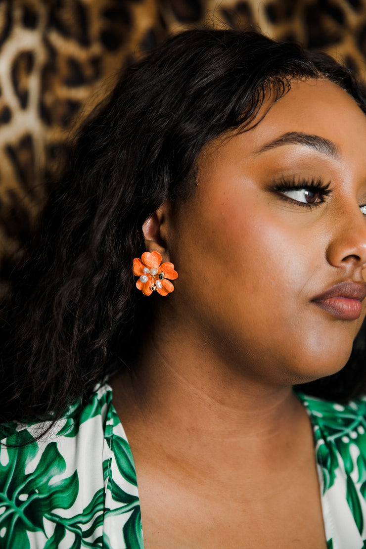 Blinged Out Floral Earrings (Orange)