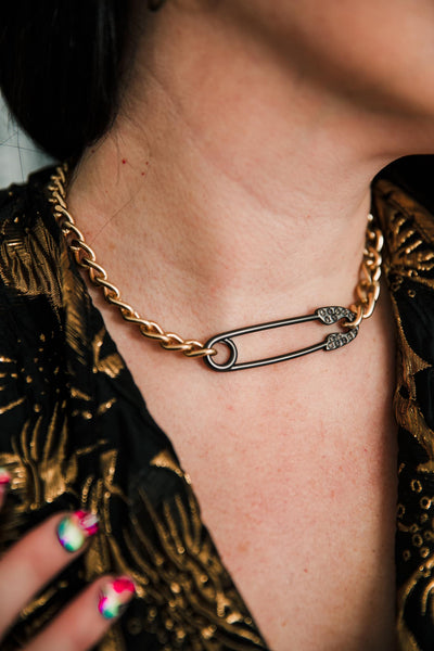 Escape From Paris: Gold links gunmetal safety pin black diamond short necklace
