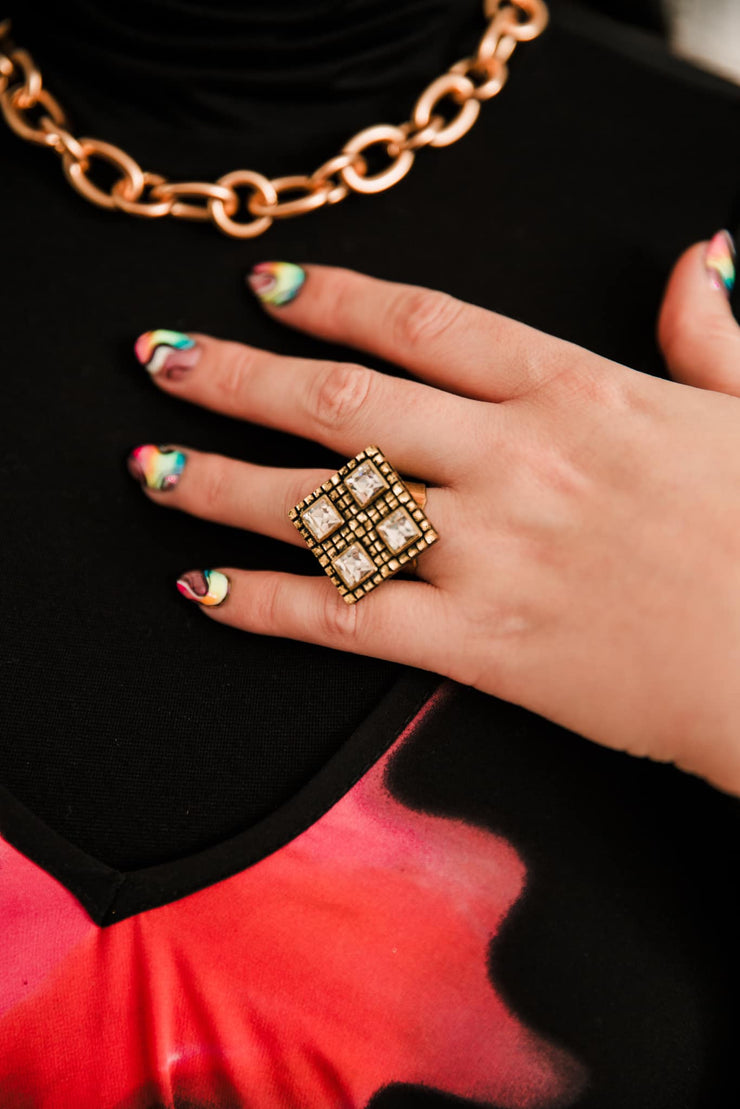 Escape From Paris: Square Gold Crystal Adjustable Ring