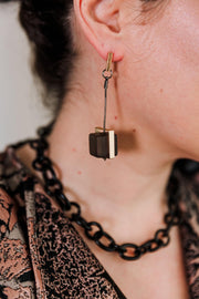 Escape From Paris: Gold Post Snake Chain Black Cube Dangle Earrings