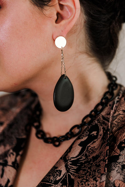 Escape From Paris: Gold Disc Chain Large Black Tear Drop Earrings