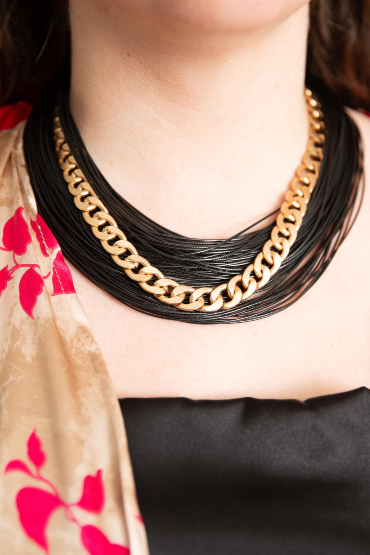 Escape From Paris: Black Cords Gold Chain Choker Necklace