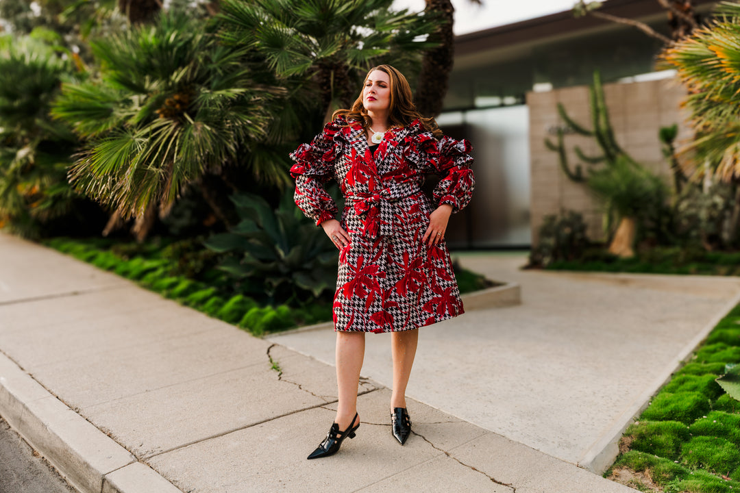 Ruffle Trench Coat in “Piqué Houndstooth"