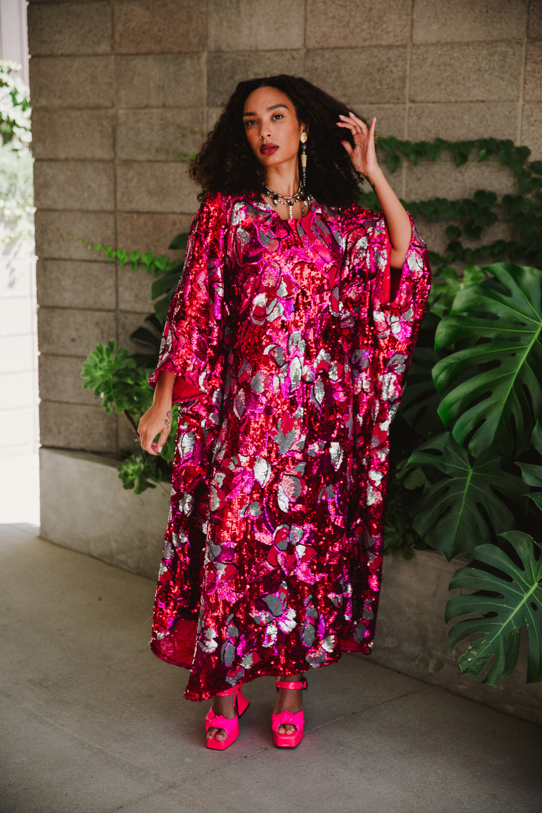 Runway Sequin Kaftan in "Disco Bouquet" (Red)