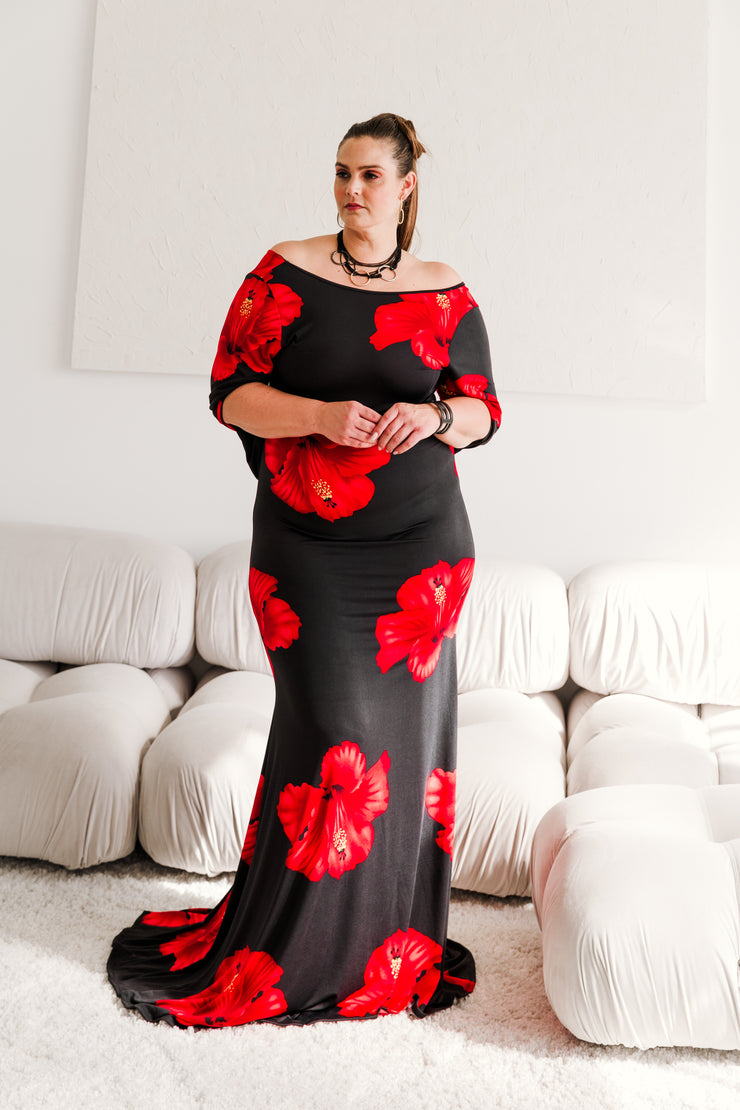 Elegownza Cowl Back Gown (Red Hibiscus)