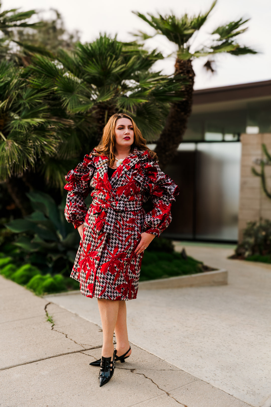 Ruffle Trench Coat in “Piqué Houndstooth"