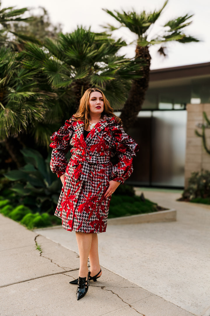 Ruffle Trench Coat in “Piqué Houndstooth"