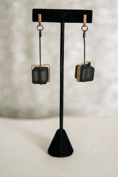 Escape From Paris: Gold Post Snake Chain Black Cube Dangle Earrings