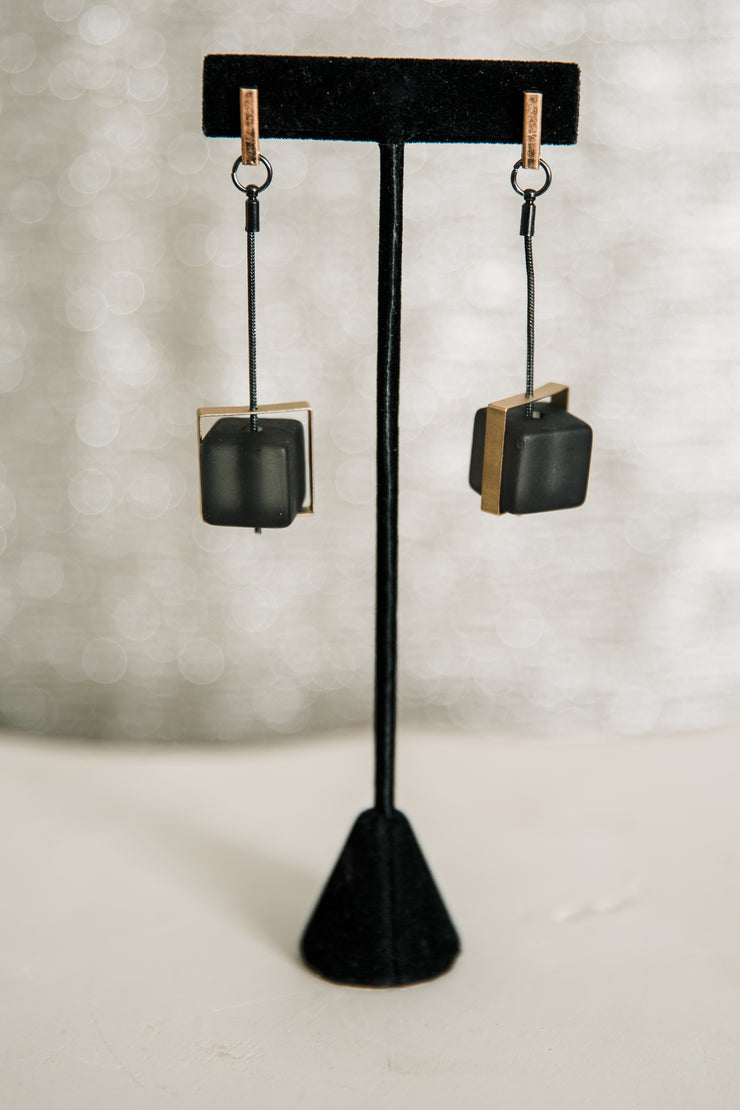 Escape From Paris: Gold Post Snake Chain Black Cube Dangle Earrings