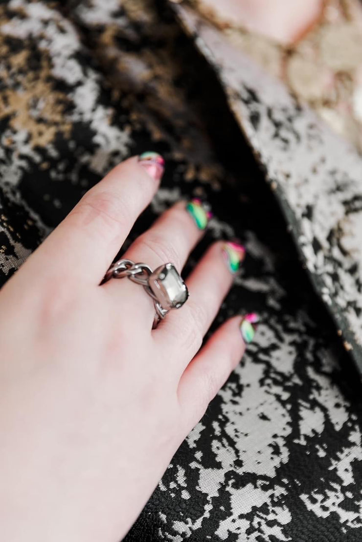 Escape From Paris: Adjustable Silver Chain Ring Black Diamond Stone