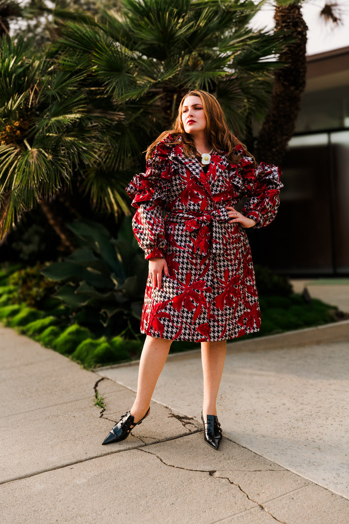 Ruffle Trench Coat in “Piqué Houndstooth"