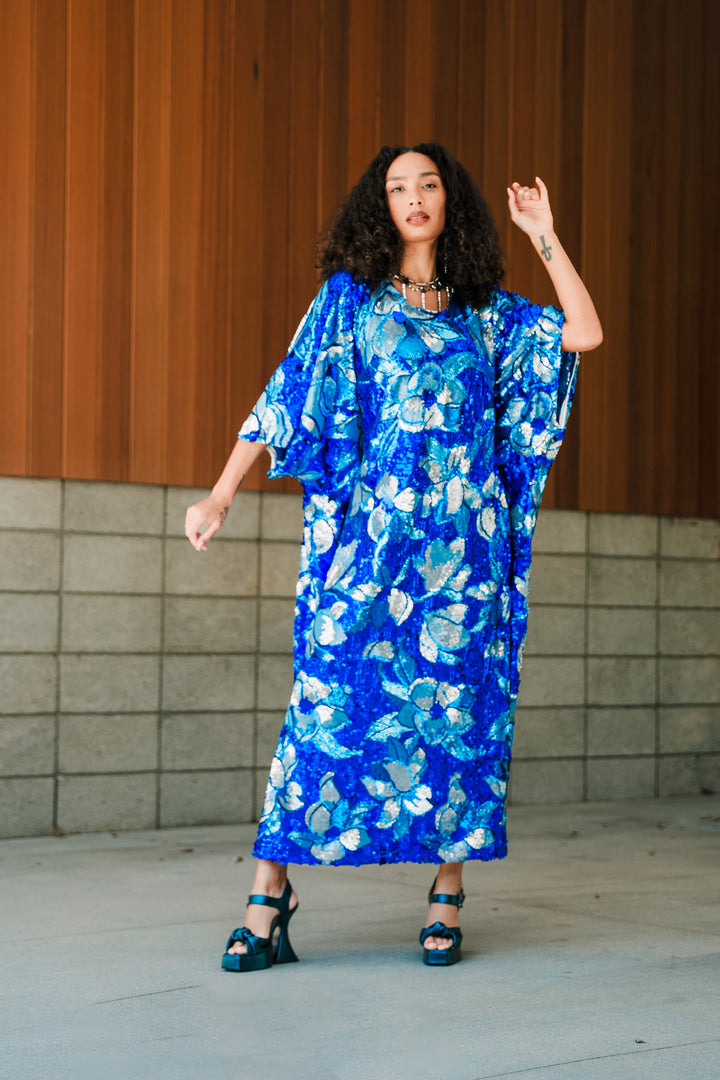Runway Sequin Kaftan in "Disco Bouquet" (Blue)