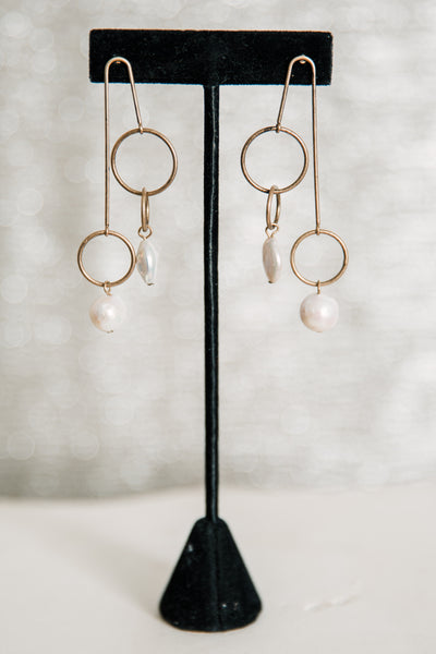 Escape From Paris: Gold Circle Drops Flat and Round Pearl Earrings
