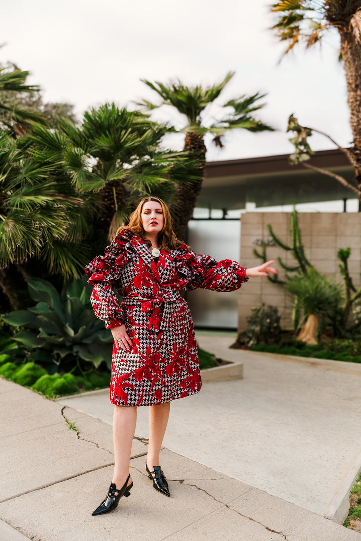 Ruffle Trench Coat in “Piqué Houndstooth"