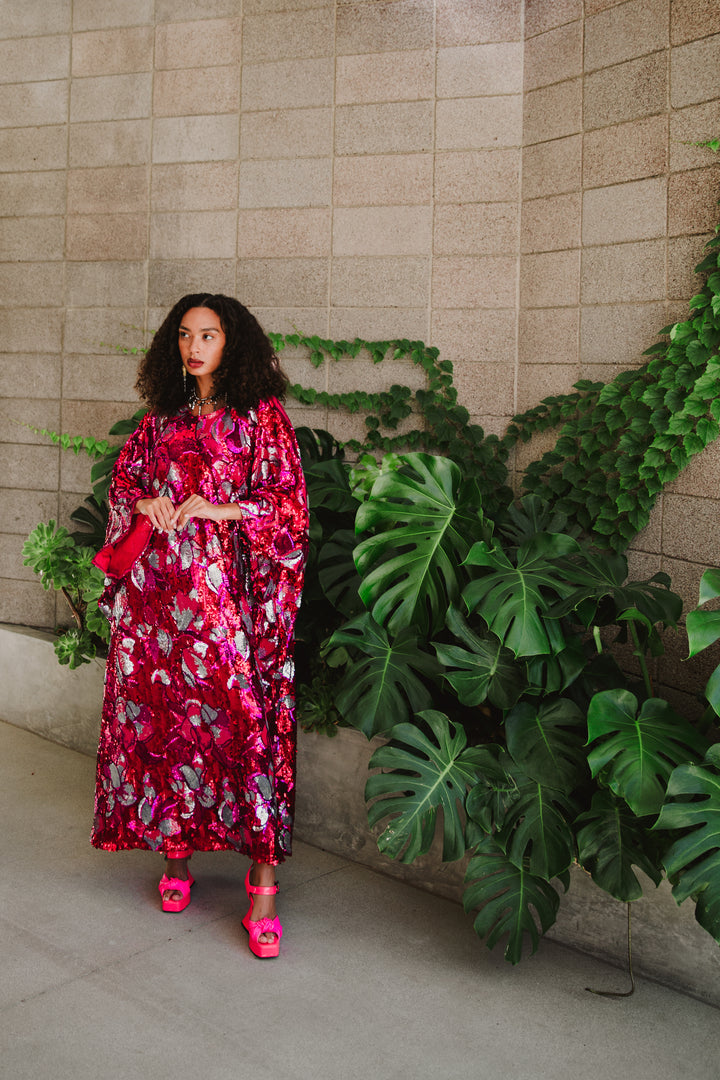 Runway Sequin Kaftan in "Disco Bouquet" (Red)
