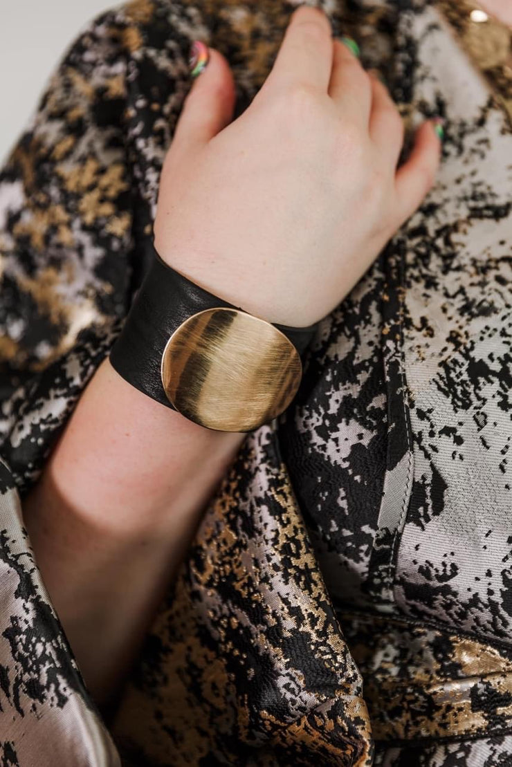 Escape From Paris: Black Leather Snap Cuff Bracelet Scratch Gold Oval