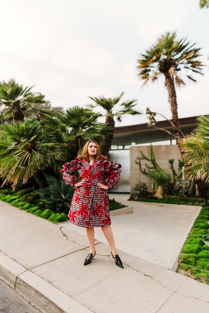 Ruffle Trench Coat in “Piqué Houndstooth"