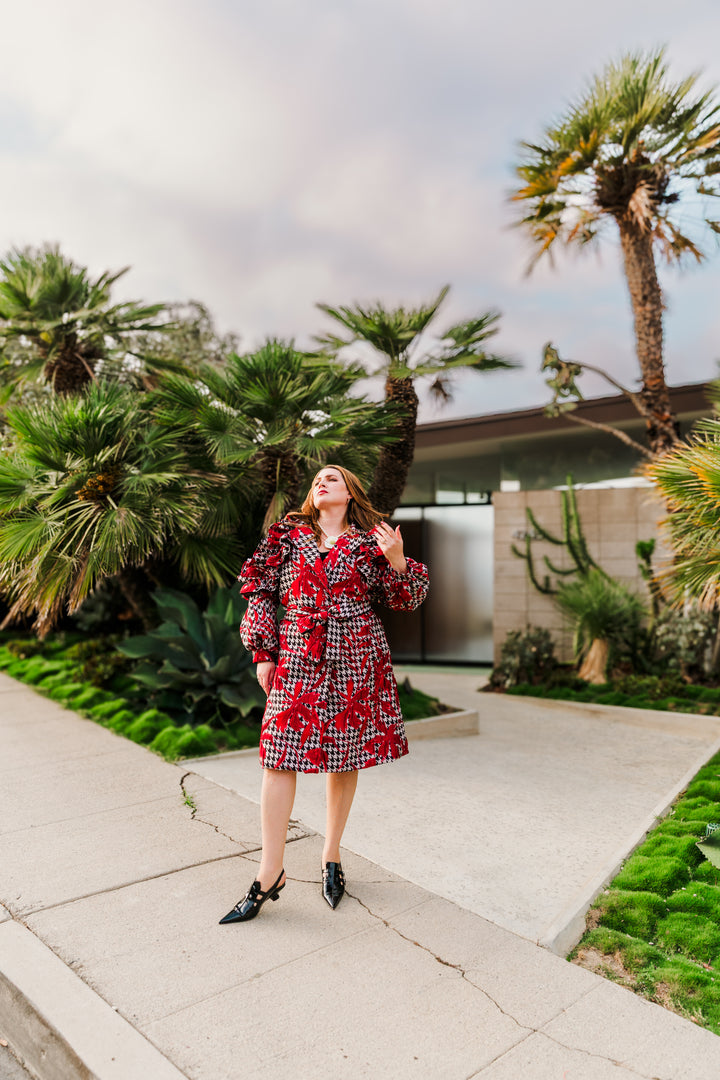 Ruffle Trench Coat in “Piqué Houndstooth"