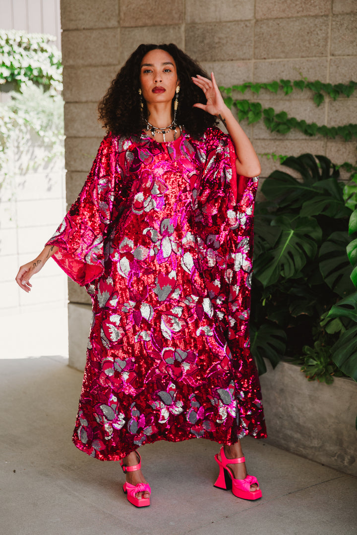 Runway Sequin Kaftan in "Disco Bouquet" (Red)