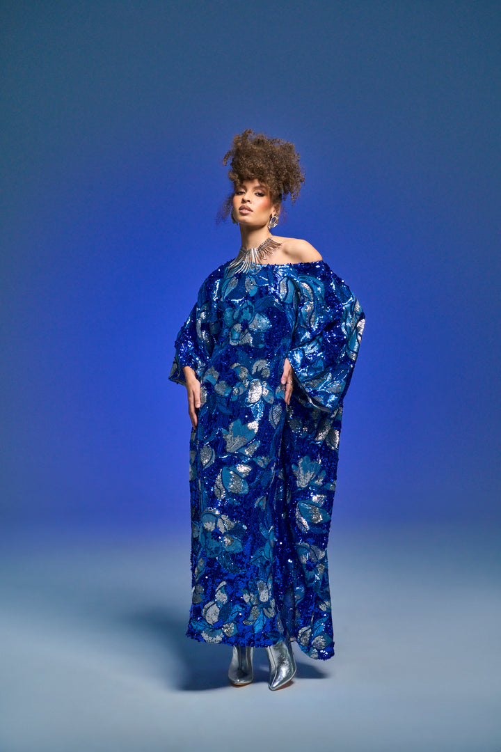 Runway Sequin Kaftan in "Disco Bouquet" (Blue)