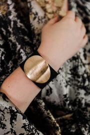 Escape From Paris: Black Leather Snap Cuff Bracelet Scratch Gold Oval