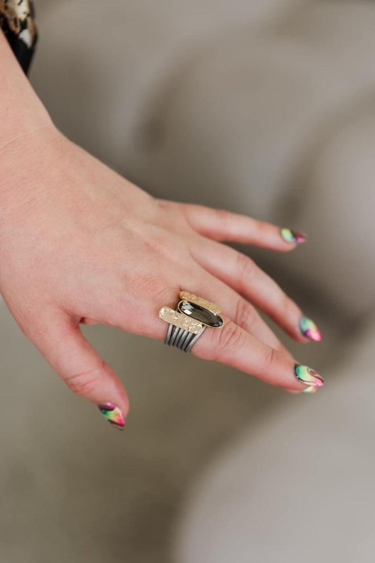 Escape From Paris: Silver Strands Textured Gold Black Diamond Ovals Ring