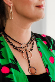 Escape From Paris: Long Delicate Black Chain Necklace Mix Metal Side Rings