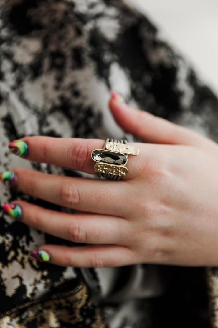 Escape From Paris: Silver Strands Textured Gold Black Diamond Ovals Ring
