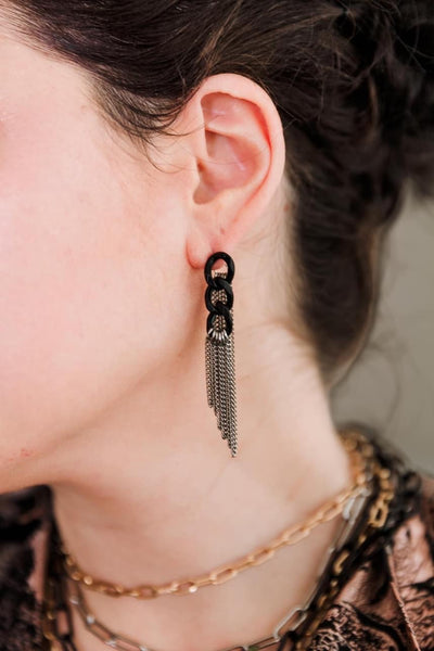Escape From Paris: Black And Silver Chain Earrings with Tassels