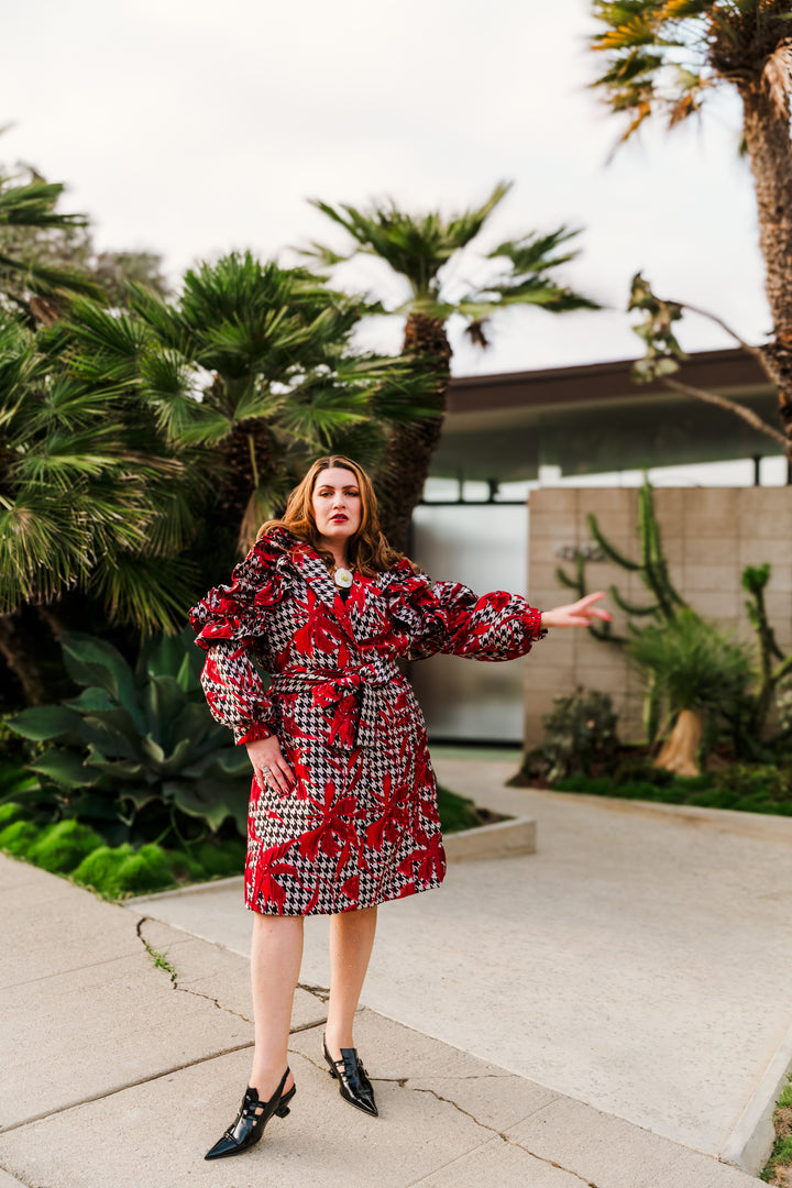 Ruffle Trench Coat in “Piqué Houndstooth"