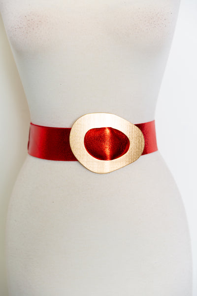 Metallic Italian Vegan Leather Oval Belt “Red”