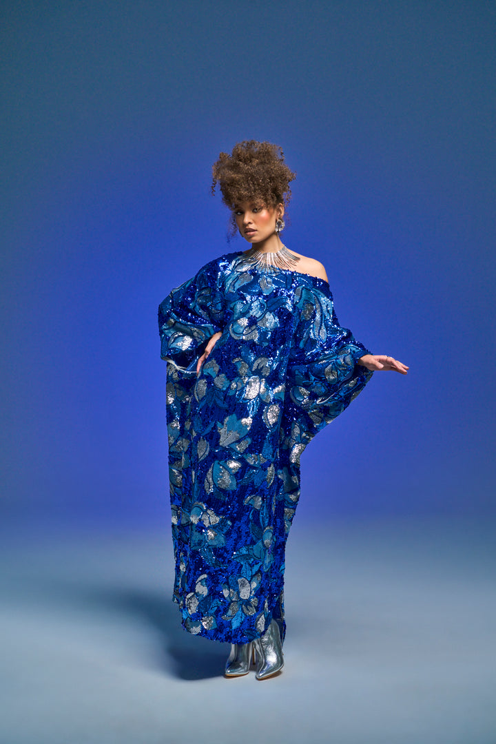 Runway Sequin Kaftan in "Disco Bouquet" (Blue)