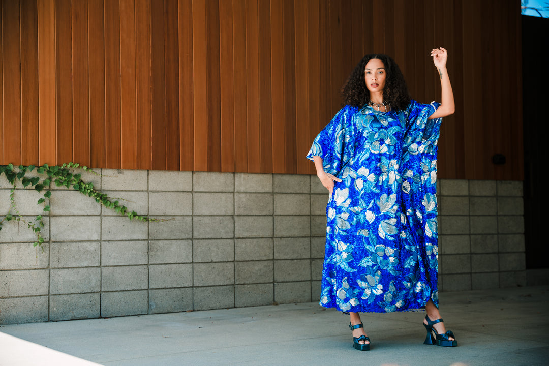 Runway Sequin Kaftan in "Disco Bouquet" (Blue)