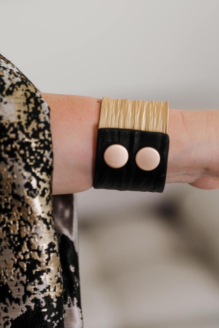 Escape From Paris: Gold Metal Black Leather Large Cuff with Snaps