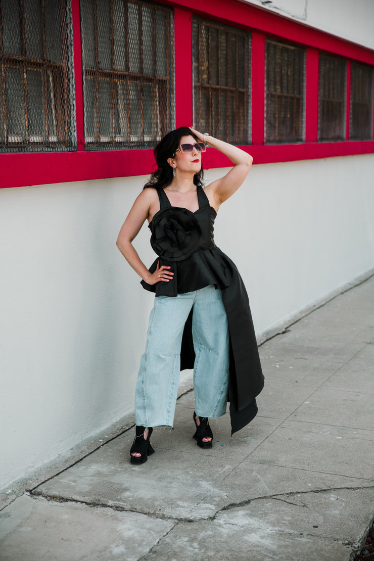Fleur Peplum Top in "Black Taffeta"