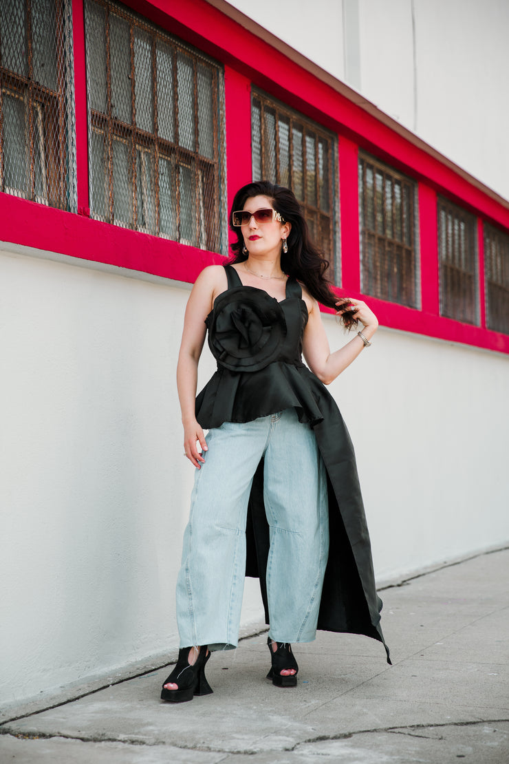 Fleur Peplum Top in "Black Taffeta"