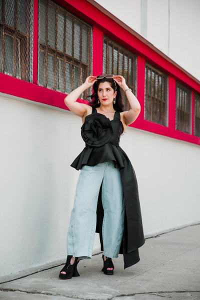 Fleur Peplum Top in "Black Taffeta"