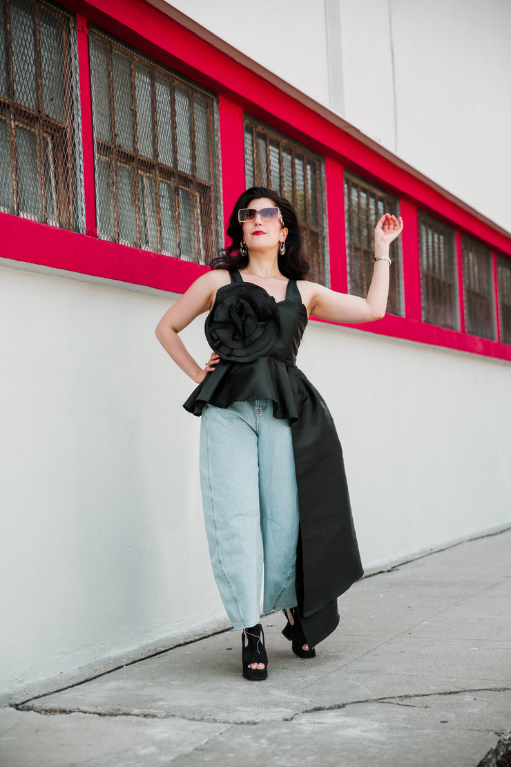 Fleur Peplum Top in "Black Taffeta"