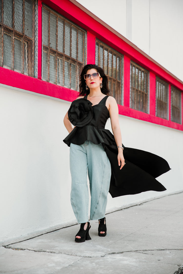 Fleur Peplum Top in "Black Taffeta"