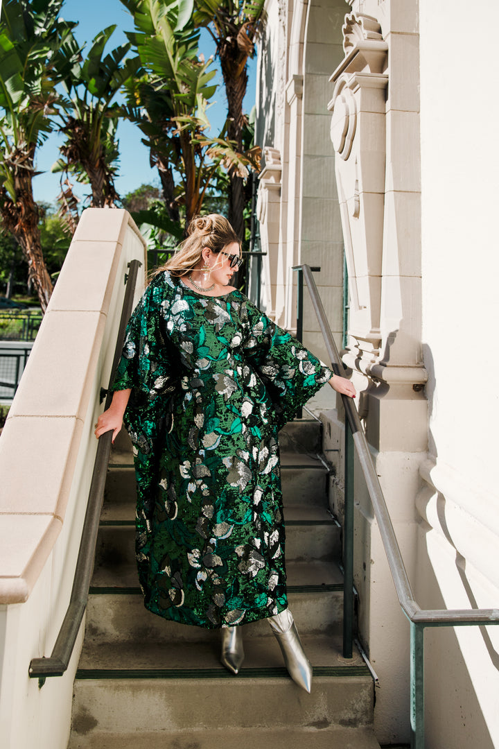 Runway Sequin Kaftan in "Disco Bouquet" (Emerald)