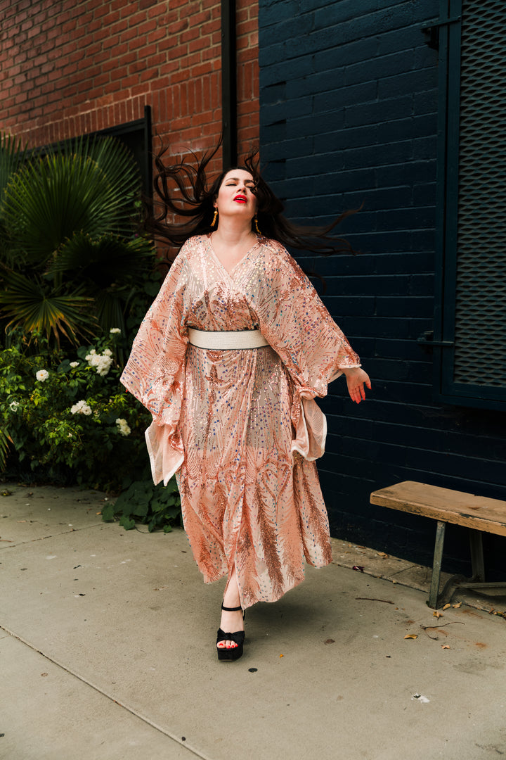 Runway Bohémienne Kimono Robe in “Stardust” (Rose Gold)