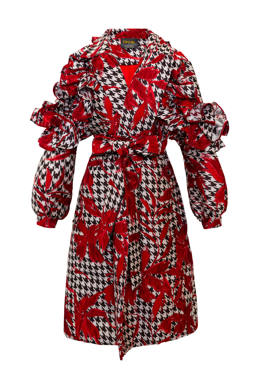 Ruffle Trench Coat in “Piqué Houndstooth"
