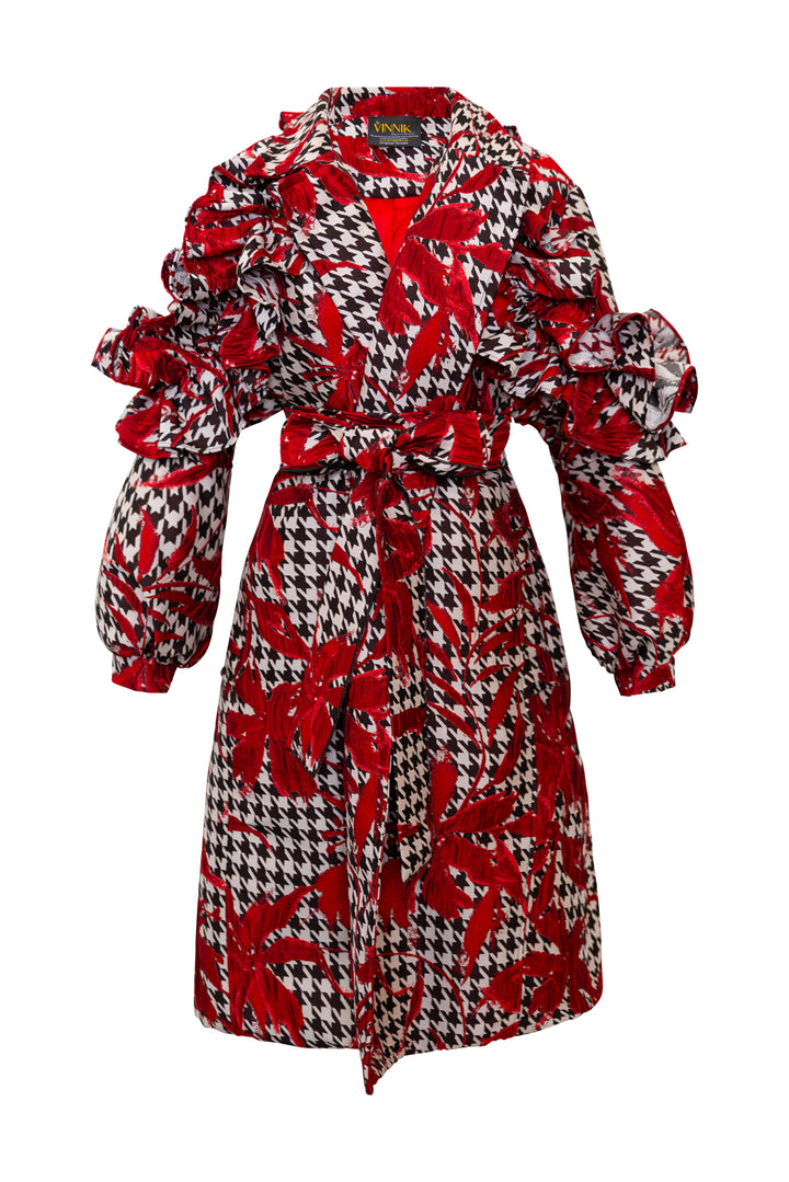 Ruffle Trench Coat in “Piqué Houndstooth"