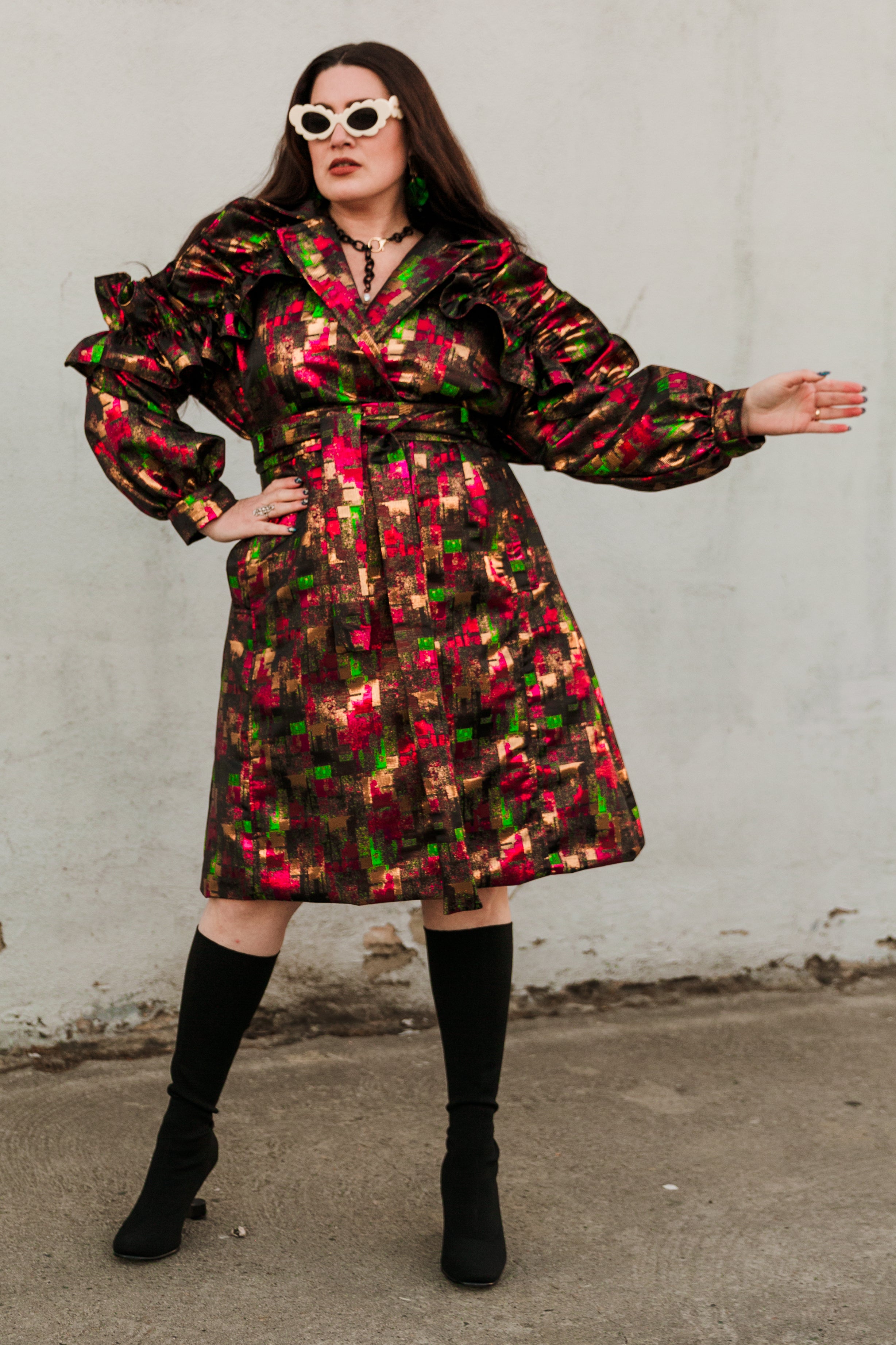 Ruffle Trench Coat in “Das Plaid