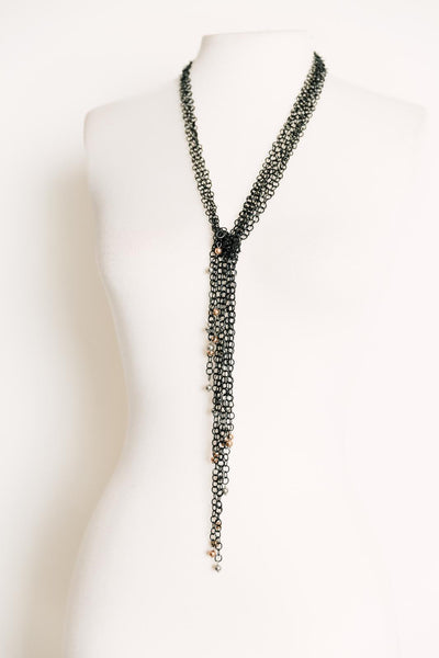 Escape From Paris: Long Scarf Neck Delicate Black Chains Gold and Silver Beads