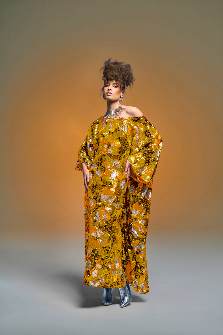 Runway Sequin Kaftan in "Disco Bouquet" (Marigold)