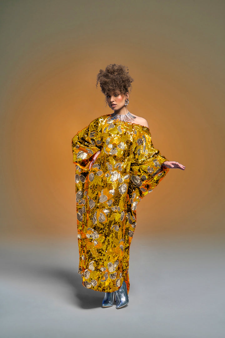 Runway Sequin Kaftan in "Disco Bouquet" (Marigold)