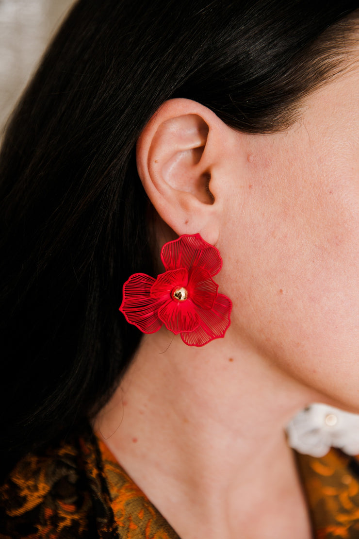 Single Red Iris Earrings